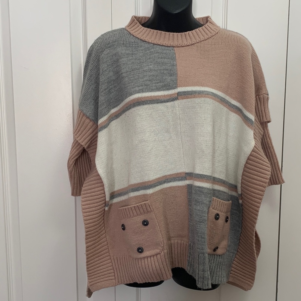 alpaca sweaters OS Elbow Sleeve Knit Shawl Poncho Sweater 2 Pockets